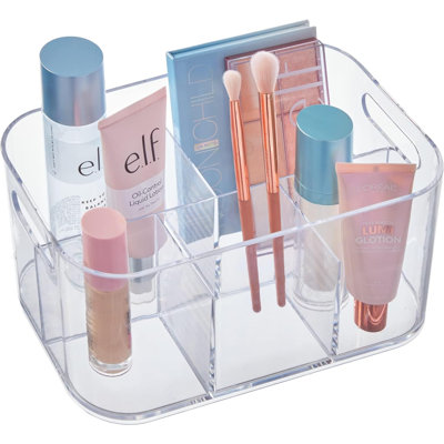 Rangement pour cosmétiques 5 compartiments Bliss | Transparent | Boîte à maquillage rectangulaire rectangulaire et corbeille à maquillage avec poignées passantes | Conception à coins arrondis