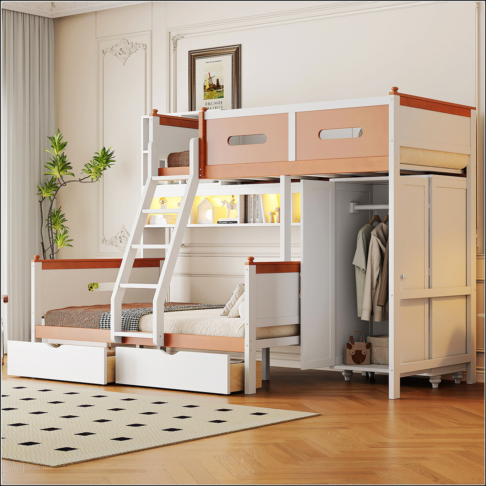 Harriet Bee Twin Over Full Bunk Bed With Wardrobe | Wayfair