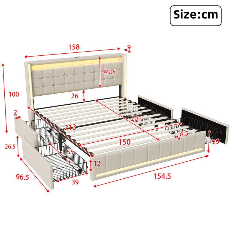 UK & EU Linen Upholstered Bed Frame with 360° RGB LED & USB Type-C, Underbed Storage Drawers, Single, Double & King, Grey & Beige