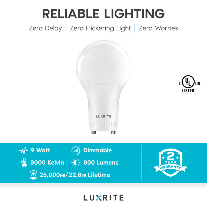 9 watts (25 watts équivalents), DEL A19, ampoule à intensité variable, GU24 blanc chaud / base à verrou et à verrou, 3000 K