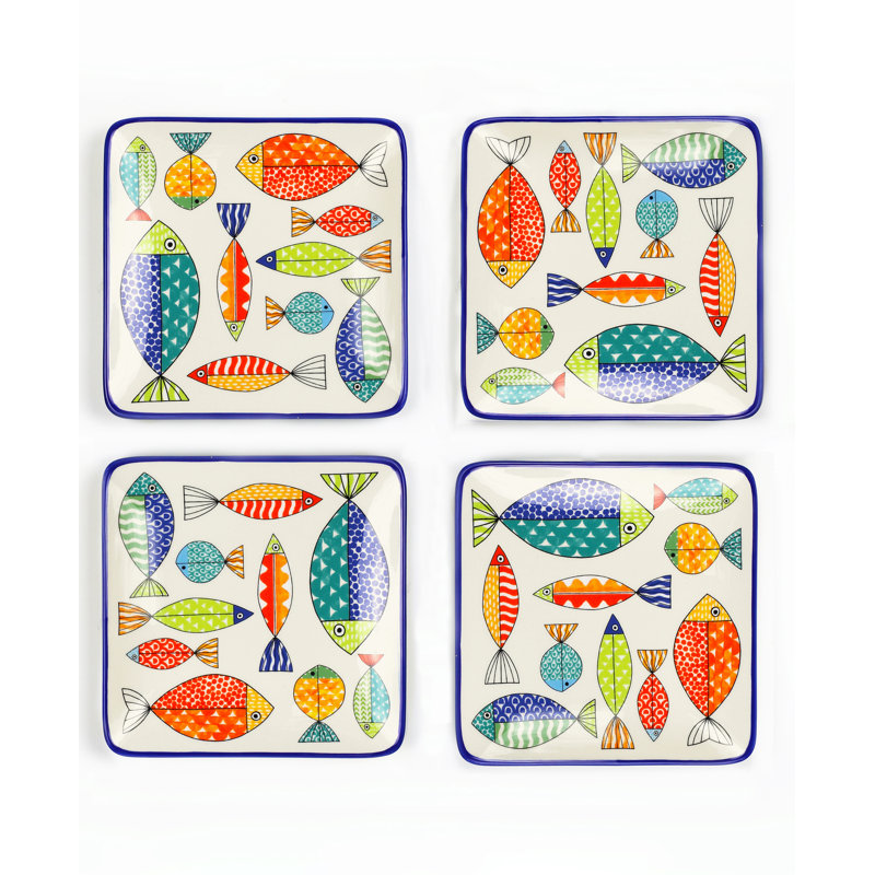 Colorful Fish Pattern Ceramic Square Appetizer Plates Set of 4