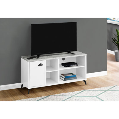 Console télé 48 pouces, divertissement dans la chambre à coucher et le salon avec rangement, stratifié gris blanc, support en métal noir, centre multimédia en stratifié, moderne pour