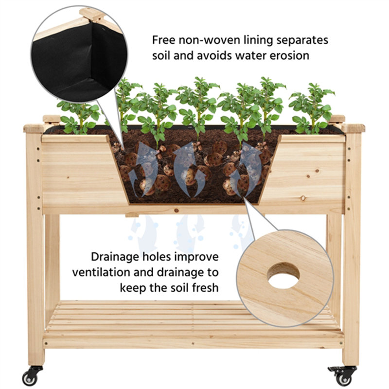Alhanouf Fir Wood Elevated Planter with Fabric Liner & Wheels, 33'' H x 41.5'' W x 22.5'' D
