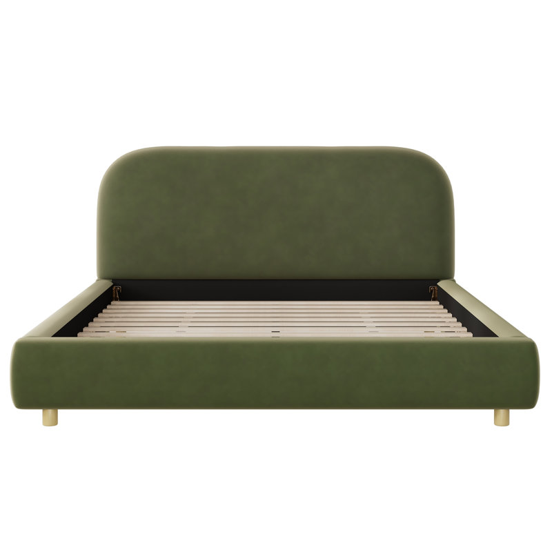 Lit plateforme avec tissu en velours, lit tapissier avec tête de lit épaisse Curve Design, Vert olive