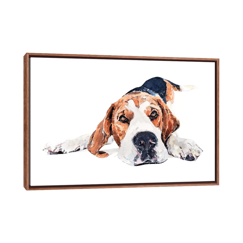 « Beagle Play Time » par Edwatercolours-impression, Toile avec cadre en bois brun classique, Pas de tapis