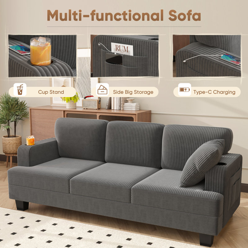 84" Modern style comfortable corduroy reception sofa, seating of 3, with cup holder, side pocket and type-c interface, Gray
