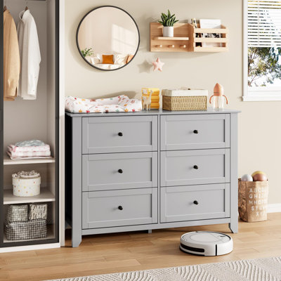 6 Drawer Dresser with Metal Knobs,  54" Wide Wooden Double Storage Chest for Bedroom Entryway Hallway