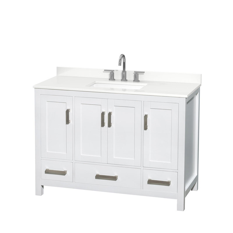 Meuble-lavabo simple autoportant 48 po avec plateau en quartz Sheffield, Blanc, Quartz blanc