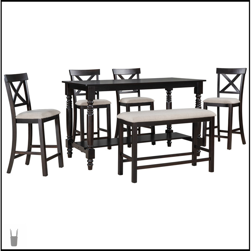 Ensemble de salle à manger 6 pièces à hauteur de comptoir avec table, tablette, 4 chaises et banc pour une élégance et une fonctionnalité modernes