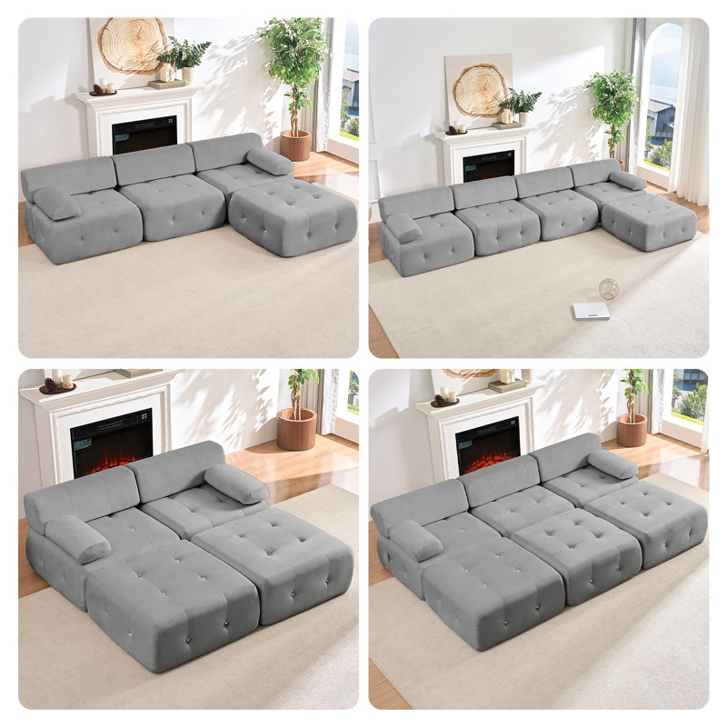 Canapé modulaire en velours 134 po avec assemblage zéro et coussins 10 po, Gris clair