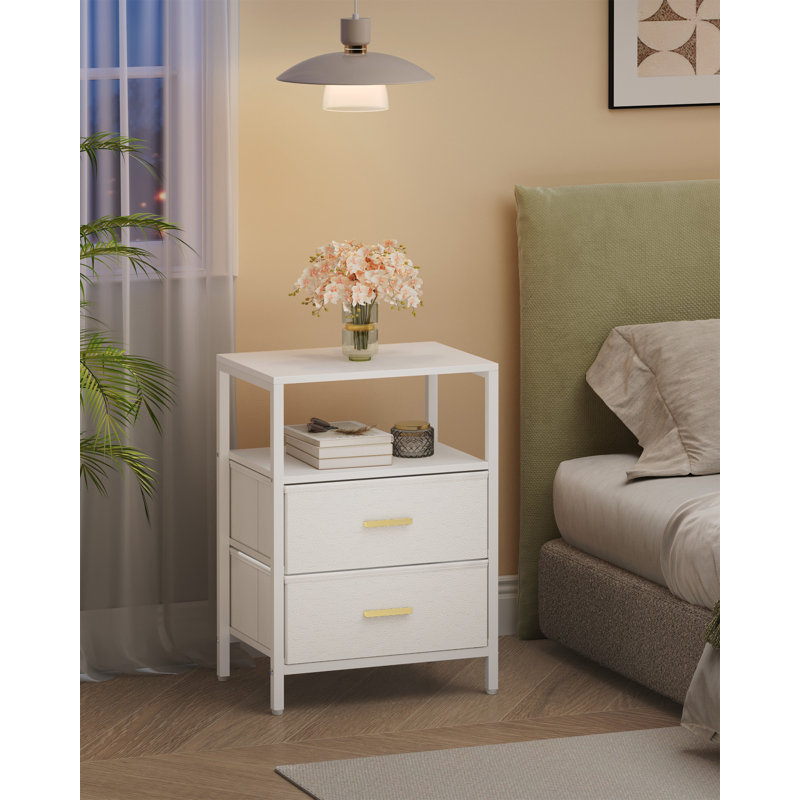 Bedside Table, Side End Table with 2 Fabric Storage Drawers, Bedside Cabinet with Open Storage Shelf, Nightstand for Bedroom, Livingroom, Office 