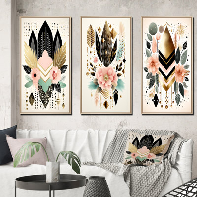 " Boho Chic Floral Geometric Retro Illustration III " 3 - Pieces