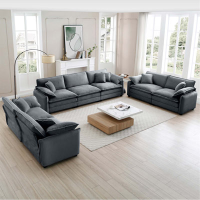 Ensemble de salon moderne 3 pièces, deux canapés 2 places et un canapé 3 places, grand canapé rembourré à assise profonde avec coussin et coussins, velours côtelé gris