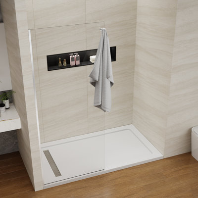 Shower Screen 32" Half Frameless Shower Wall Panel, Tempered Glass 3/8 Inch, Easy Clean Glass, Fixed Glass Shower Door With Towel Hook Chrome