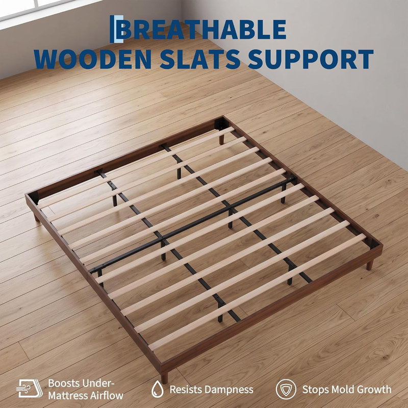 Cadre de lit plateforme en bois avec lattes, sans sommier, robuste, capacité de charge de 363 kg (800 lb)., King, Noyer