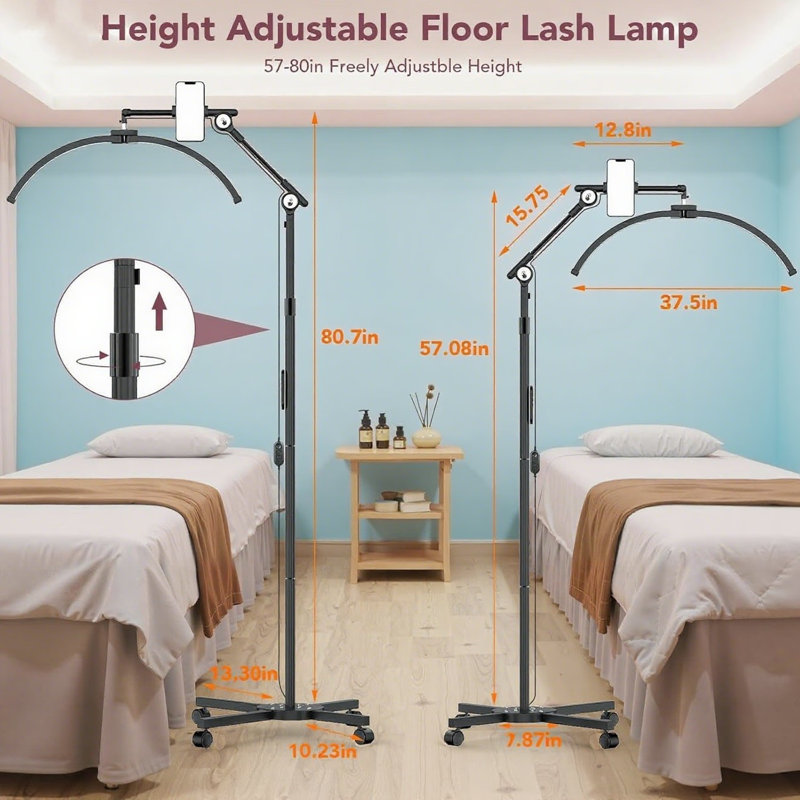 Lampe demi-lune pour les cils, lumière DEL réglable de 27,5 po avec support pour téléphone, rotation à 360 ° pour un éclairage sans ombre dans les salons de beauté