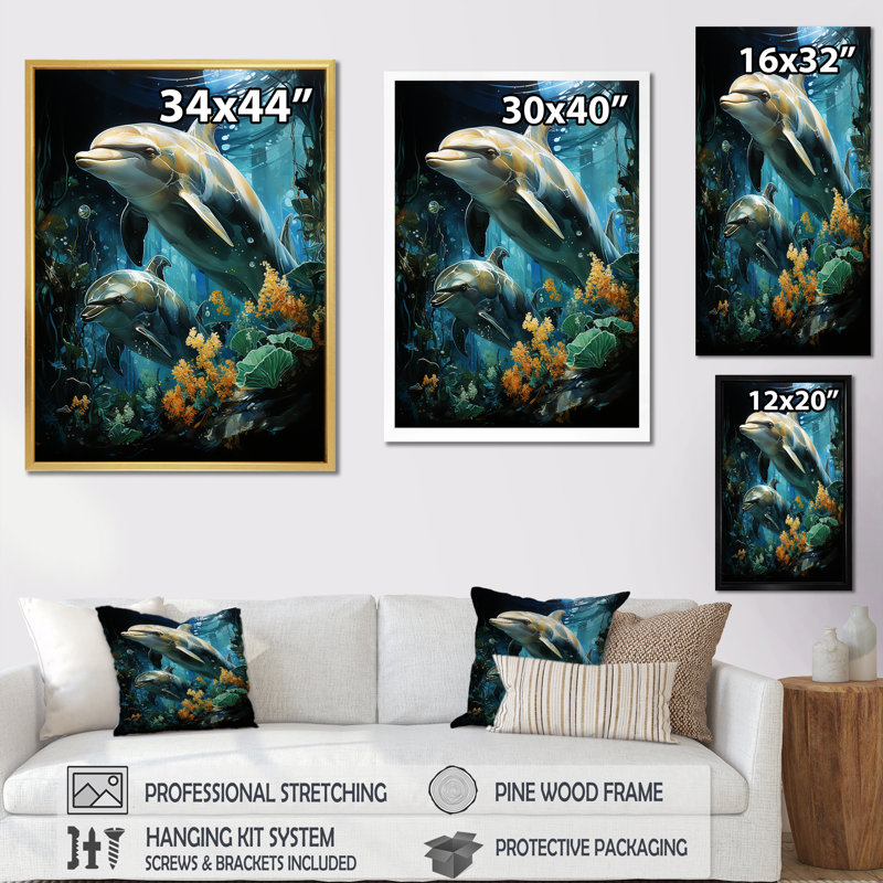 «Dolphin Eco Guardians II», reproduction sur toile, H 40 po x l 30 po x P 1,5 po, Cadre doré simple