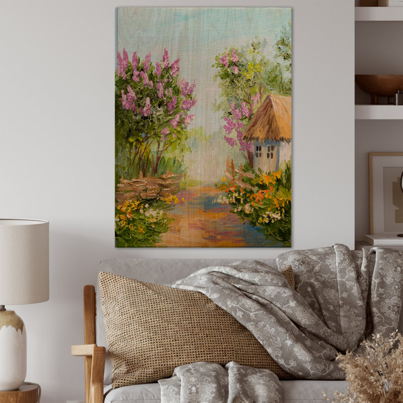 «Little House in the Blossoming Forest», peinture sur toile, H 32 po x l 16 po x P 1 po, Cadre flottant blanc