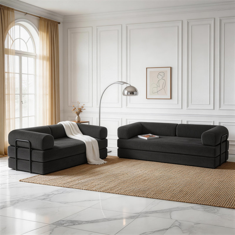Upholstered Compression Gray Corduroy Convertible Sleeper Sofa Bed - Foldable Floor Couch With No Assembly (Set of 2), Gray