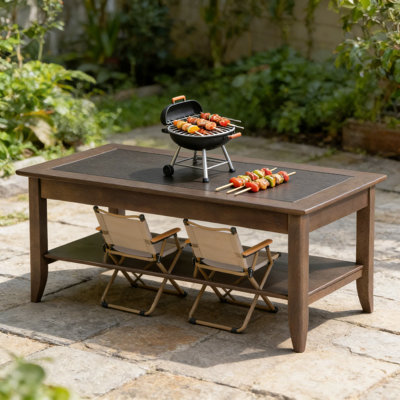 Table basse en bois massif avec tablette inférieure, pieds fuselés et bords aux finitions douces