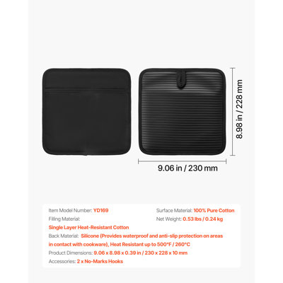 Dessous de plat lavables, résistants à la chaleur jusqu'à 260 °C (500 °F), avec bandes antidérapantes en silicone souple nervurées, 100 % coton, 23 x 22,8 cm (9,06 x 8,98 po), 2 crochets anti-traces, ensemble de 2, pour la cuisine et le barbecue.