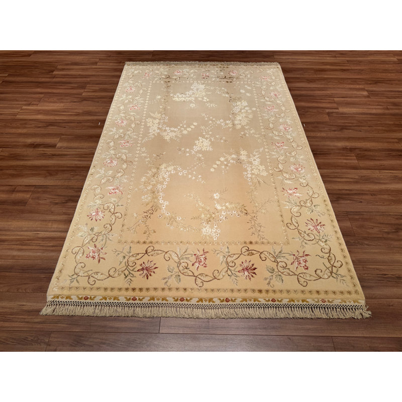 Original Hand Knotted Traditional Pattern Cream Wool and Silk Rug