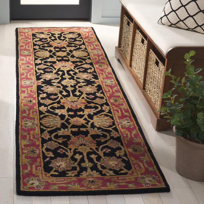 Tapis oriental en laine / coton / latex touffeté à la main Balthrop en noir / orange, Tapis de couloir 2 pi 3 po x 8 pi