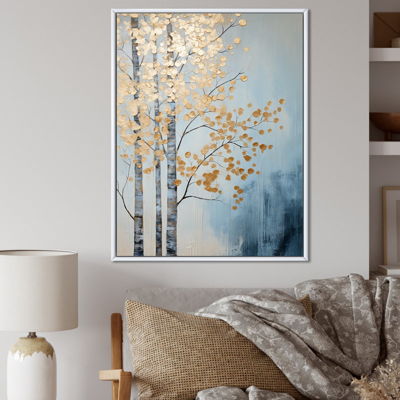 Minimalisme, scène d'arbres dorés et bleus V, reproduction sur toile, Cadre flottant blanc, H 40 po x l 30 po x P 1,5 po