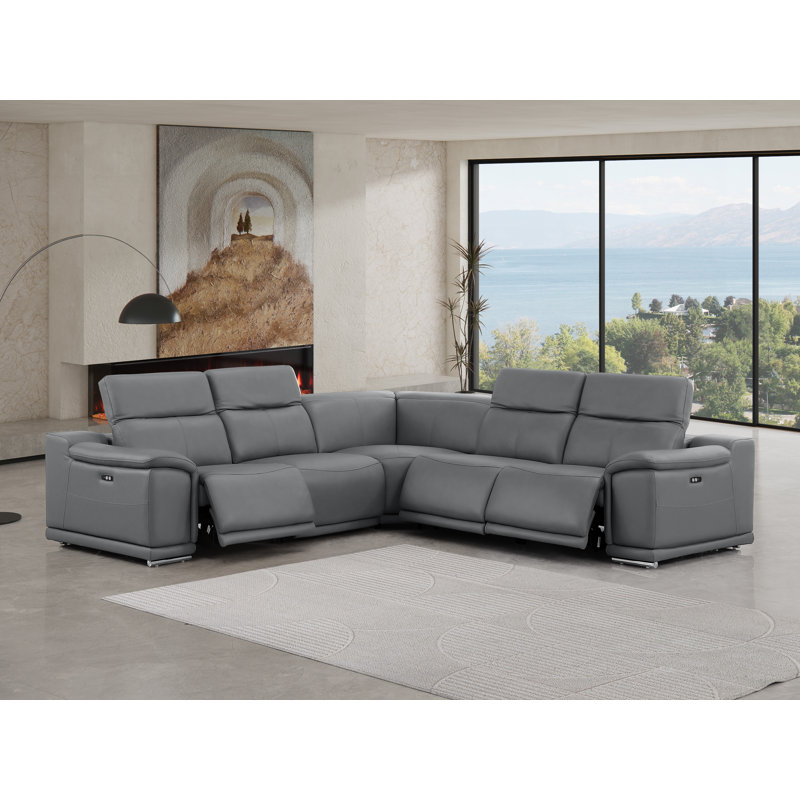5-Piece L-Shaped Power Reclining Sectional In Genuine Leather – 3 Recliners, Dark Gray Top Grain Leather