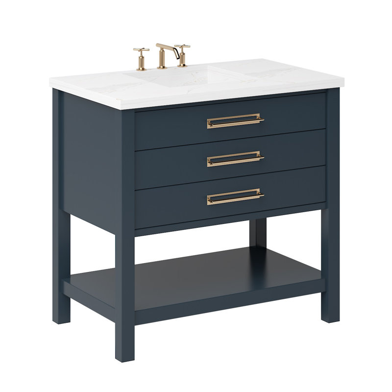 Kiawah Three-Drawer Single Bath Vanity, Hague Blue, Satin Gold, 30"