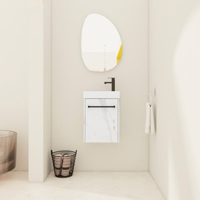 16" Bathroom Vanity With Ceramic Basin. Modern For Small Baths. Soft-Close Door. White. Abundant Storage 16'' Floating Sink. Door Bathrooms. Design.