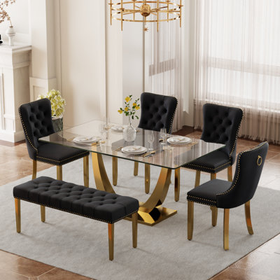 Ensemble de salle à manger rectangulaire avec banc, table de cuisine moderne de style Mid-Century et chaises capitonnées et banc de salle à manger de style luxueux Glass