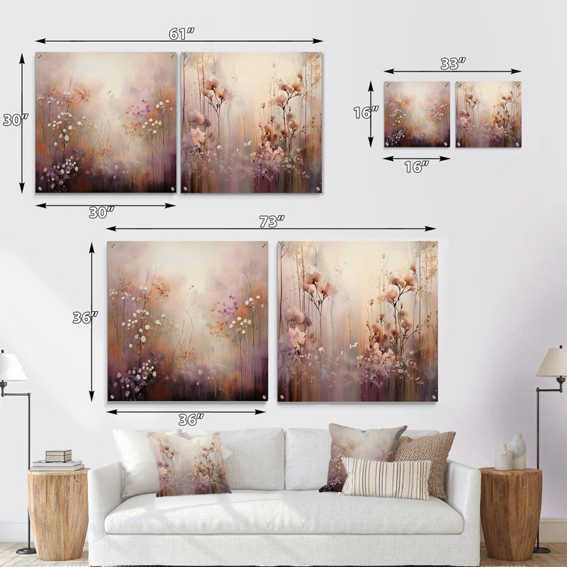 «Beige Botanical Impressions II», ensemble de 2 peintures murales abstraites en acrylique, H 16 po x l 33 po
