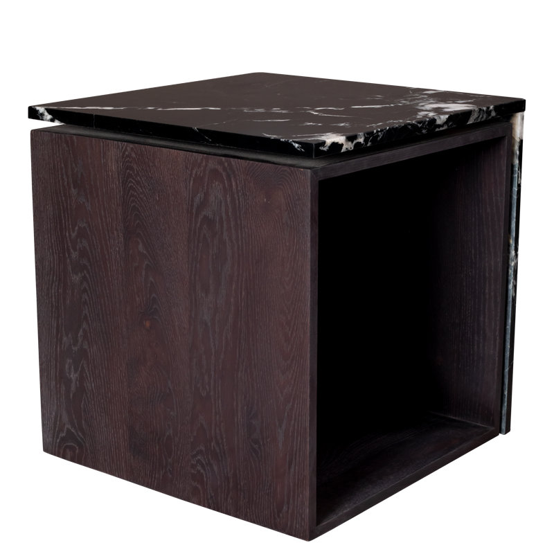 Authentic Italian Marble with Natural Oak Wood Occasional Table / Night Stand, Black, Black