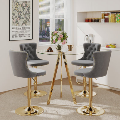 Bar Height Set, Tempered Glass Round Dining Table and Velvet Adjustable Dining Chairs.