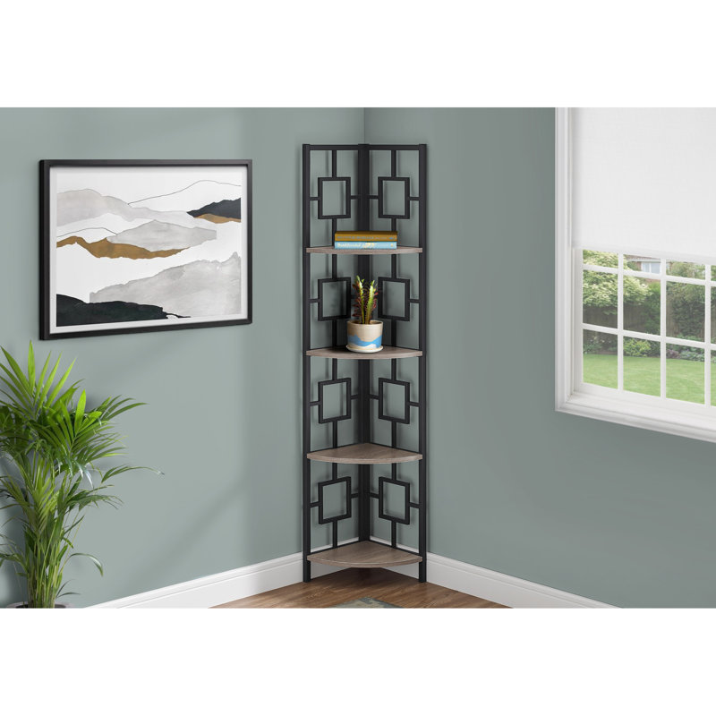 62"H 4 Tier Metal Bookcase, Brown Laminate Shelves, Black Frame, For Office & Bedroom Decor Space Taupe Finish, Metal, Living Room