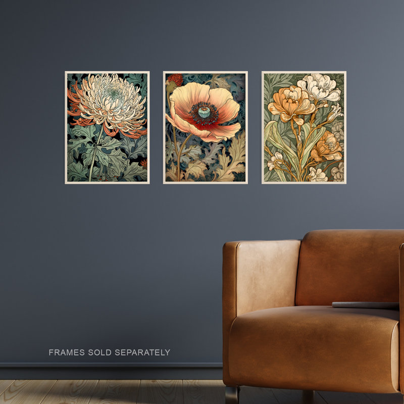 Elegant Single Anemone Chrysanthemum Freesia Flowers Floral - 3 Piece No Frame Print Set, 40.5cm H x 30.5cm W x 0.3cm D