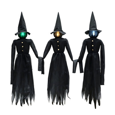 Three Hand Holding Witches Color Changing Glowing Light Up Yard Decoration Set For Halloween Spooky Party Scene Decor
