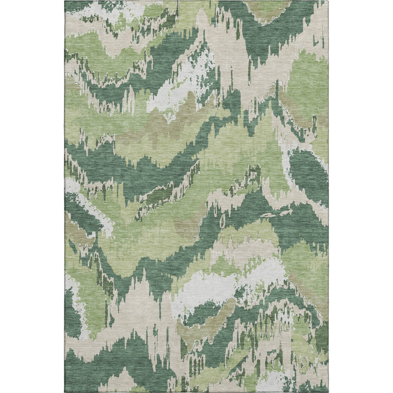 Tapis vert lavable abstrait ivoire et beige 5 pi x 8 pi avec protection UV