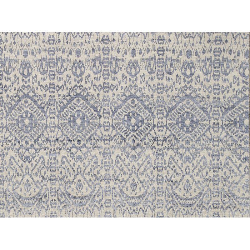 Tapis argenté et bleu foncé noué à la main de haute qualité