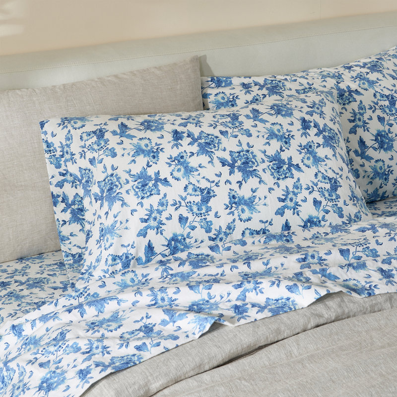 King Size Blue Floral Cotton Flannel Sheet Set
