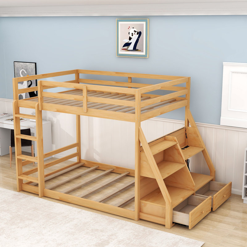 Lit superposé double en bois avec 2 tiroirs et tablettes, Naturel