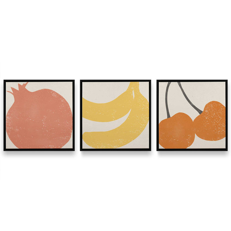 Minimalist Fruit Medley, ensemble de 3, reproduction sur toile, Cadre flottant noir satiné, H 12,75 po x l 12,75 po
