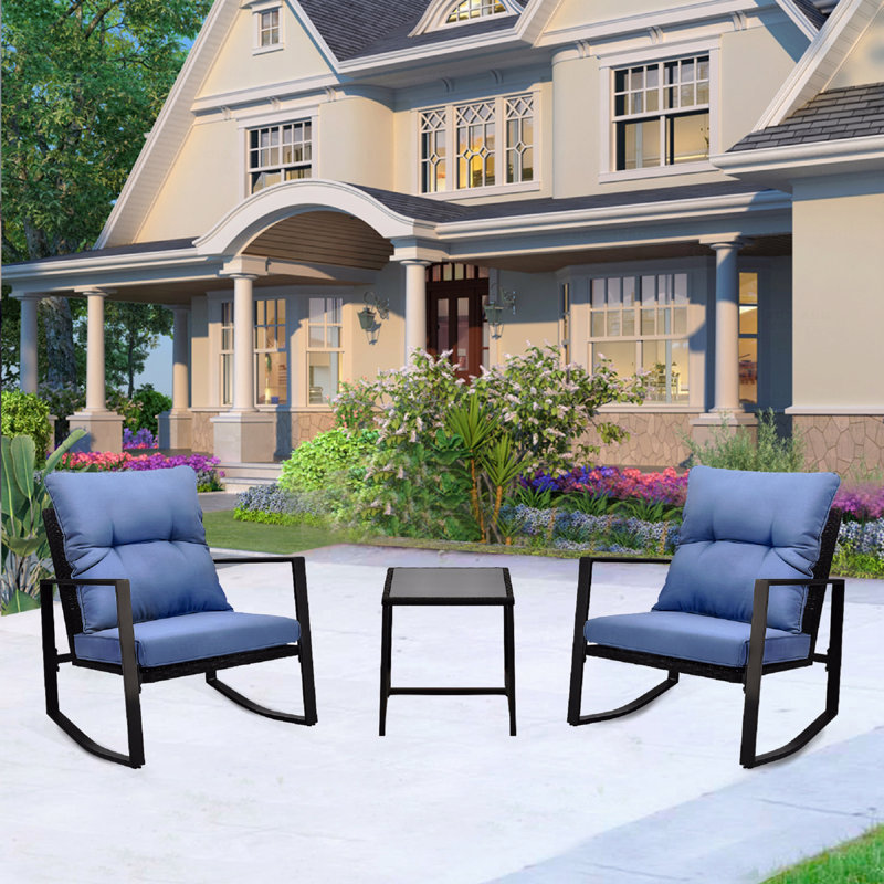 3 Pieces Bistro Set Blue, Patio Outdoor Rocking Chair W Cushion For Yard Garden Poolside, Blue