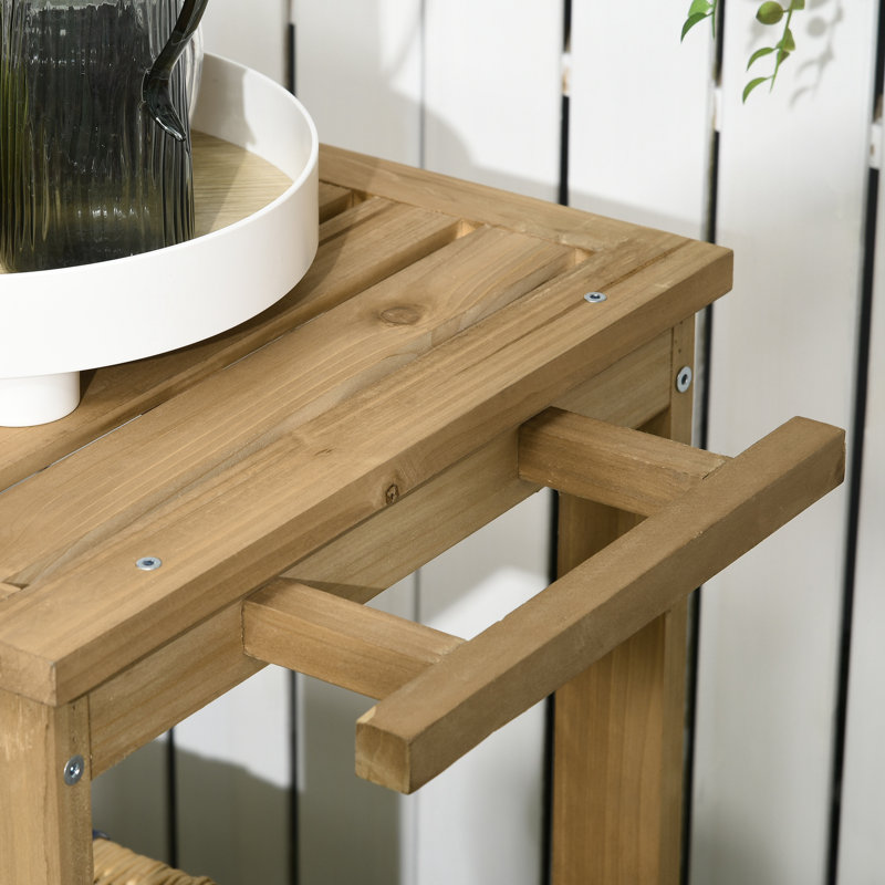 Outdoor Wood Bar Cart Patio Serving Cart with Wine Holders, Natural
