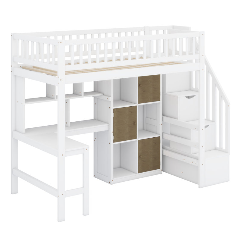 Lit mezzanine en bois avec bureau intégré, DEL, tablettes de rangement, armoires et escalier, Blanc