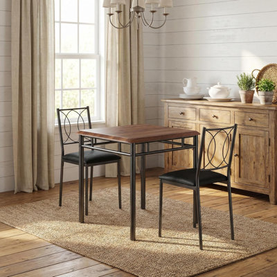 Farmhouse Dining Table Set for 2, Wood Table with Upholstered Chairs, Space-Saving, Walnut