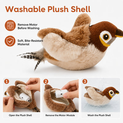 Jouet pour chat à ailes battantes - moineau rechargeable interactif avec sons de gazouillis, activé par le mouvement, 3 modes, pochette en peluche, peluche lavable pour chats d'intérieur (9,5 pouces)