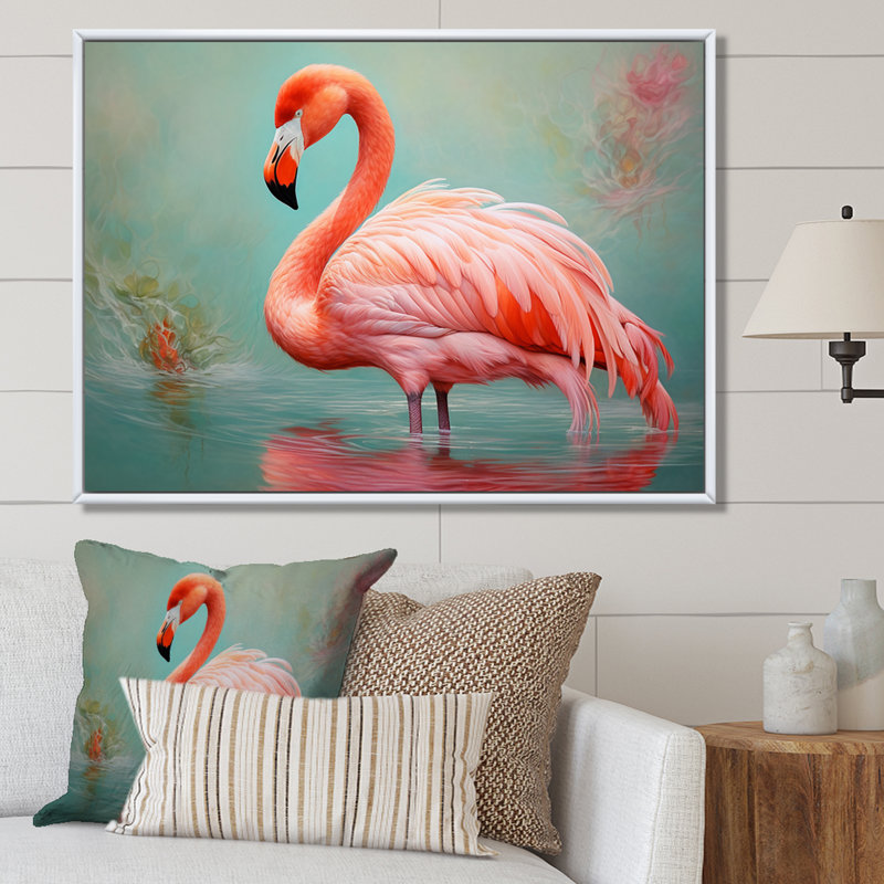 «Pink Flamingo Secret Beauty I», reproduction sur toile, Cadre naturel flottant, H 34 po x l 44 po x P 0,5 po