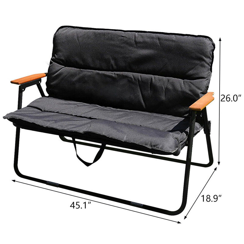 Chaise de camping pliante avec causeuse et coussin de siège pour deux personnes, Noir / Noir